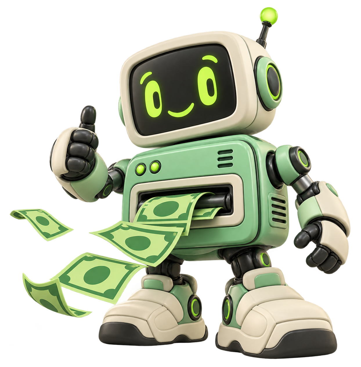 BRRR, a cheerful mint-green robot with a money printer for a belly